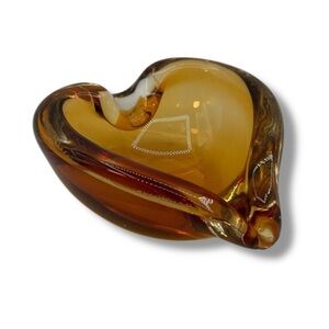 Art Glass Heart Paperweight Dish Amber Handmade Blown‎ Artisan Crafted